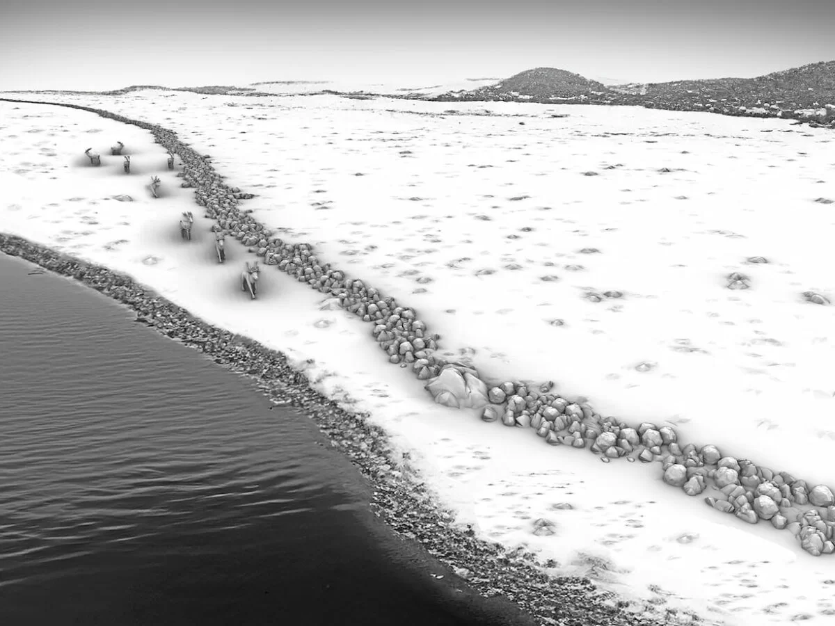 Graphical reconstruction of the stonewall as a hunting structure in a Late Glacial / Early Holocene landscape - based on multibeam bathymetric data and the underwater 3D model