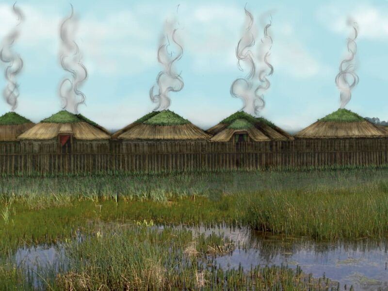 Illustrated reconstruction of the Bronze Age stilt house settlement unearthed at Must Farm in eastern England