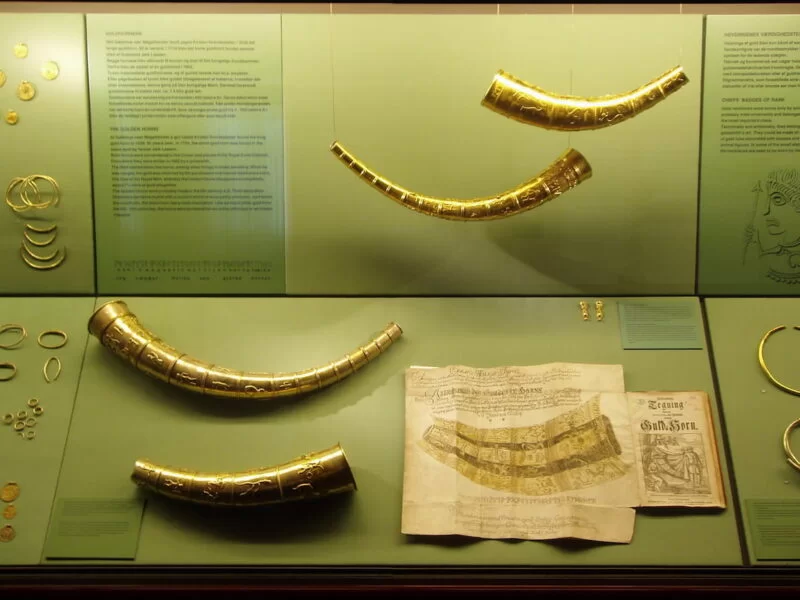 Two sets of reconstructions of the golden horns of Gallehus, on display in the National Museum of Denmark