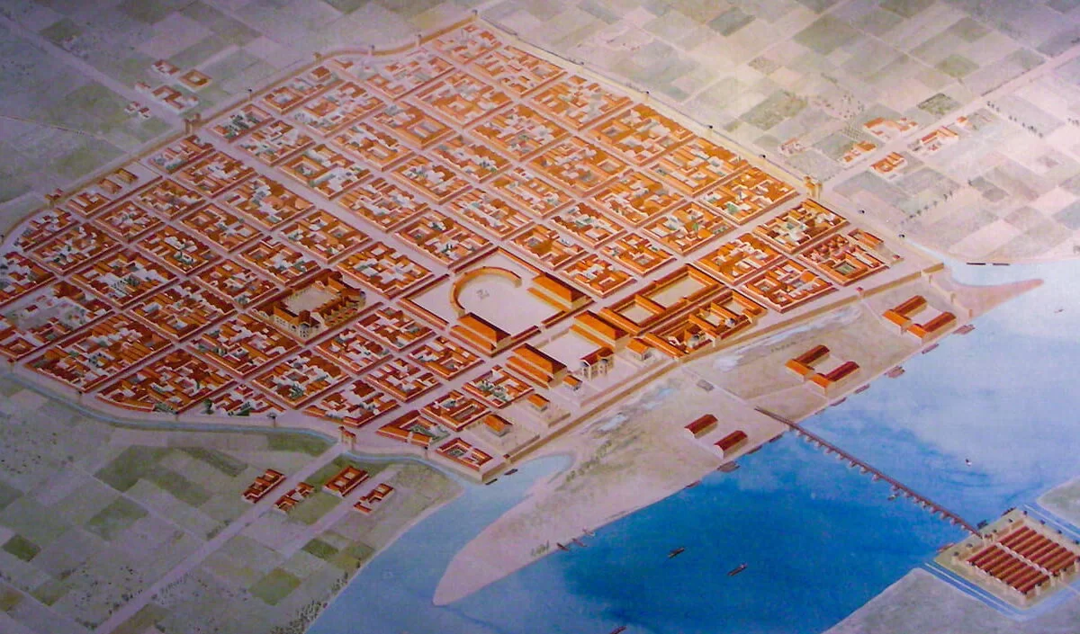 Artistic reconstruction of the city of Cologne in Roman times by Nicolas von Kospoth. The decumanus and the cardus are clearly visible