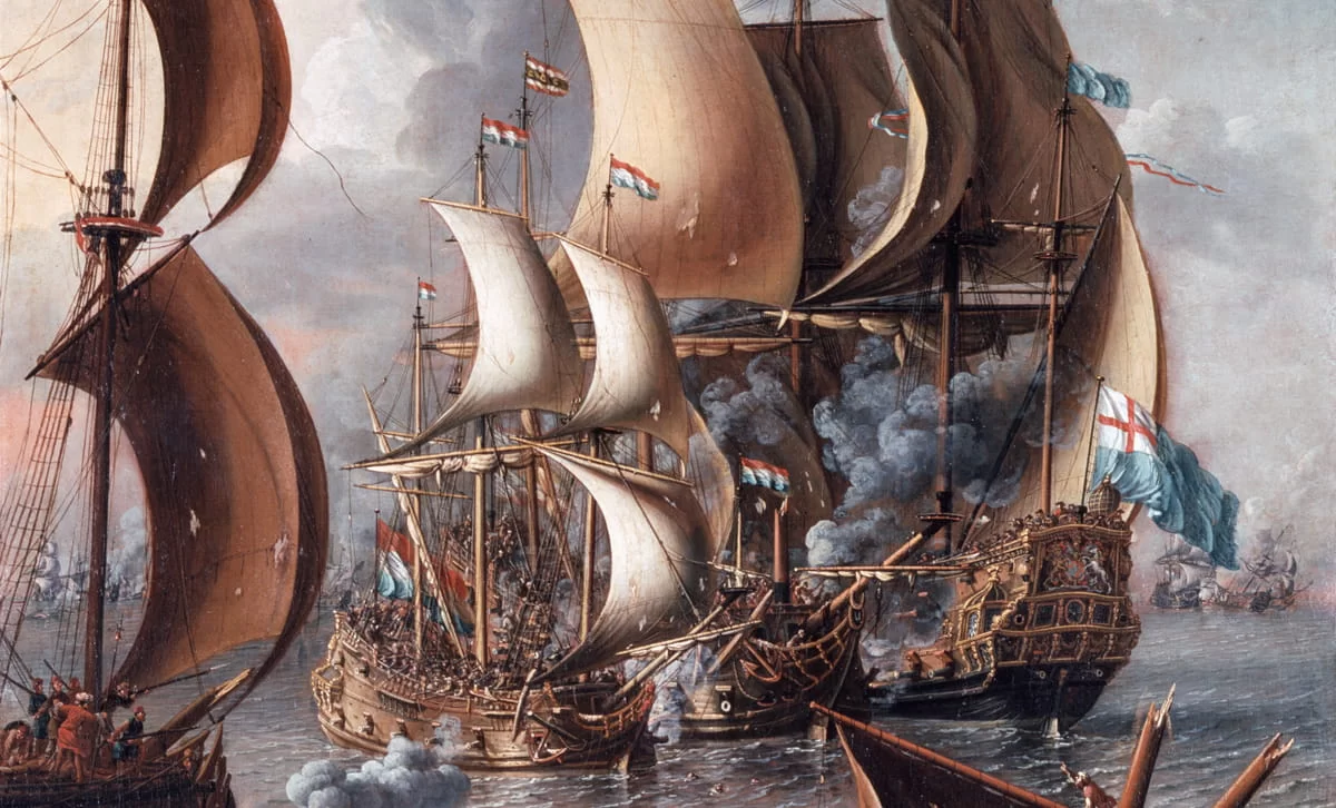 Naval battle with Barbary corsairs, painting by Laureys a Castro (ca.1682)
