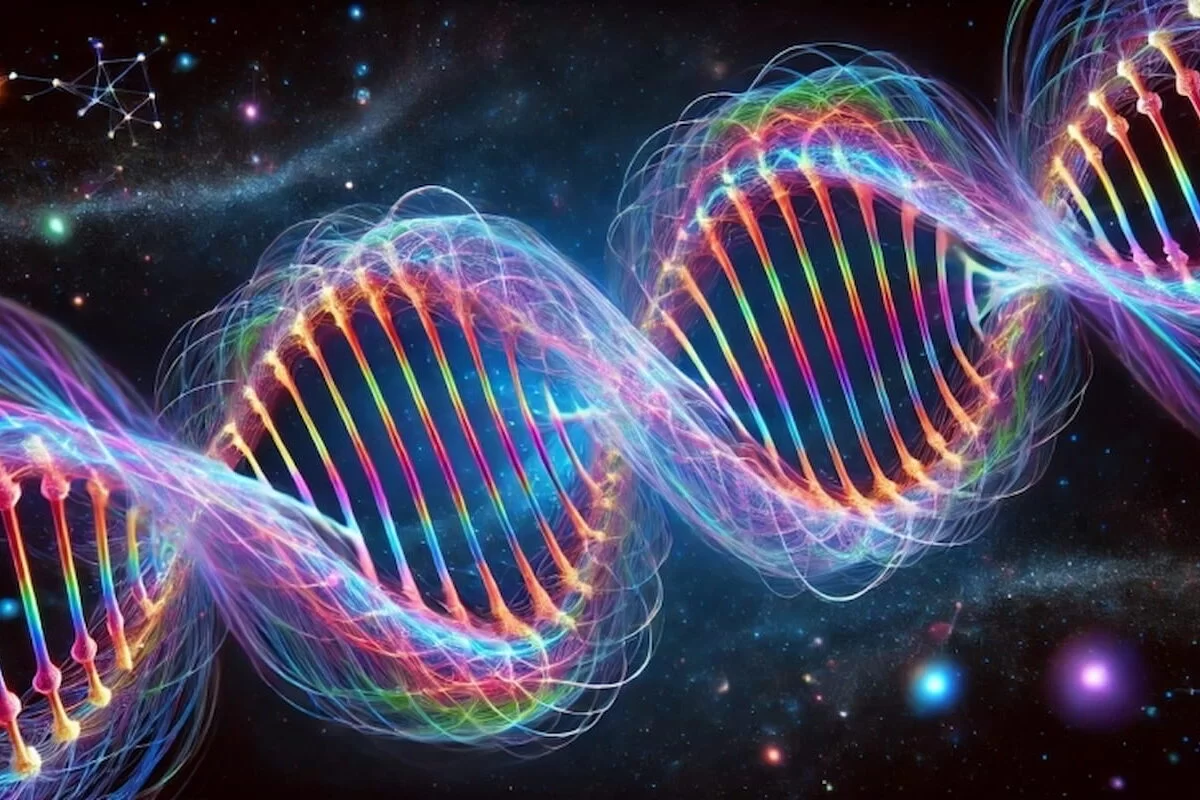 Artistic representation of the double helix mimicking a DNA strand as a representation of two virtual photons intertwined to form a virtual graviton in the theoretical framework of “colored gravity”.