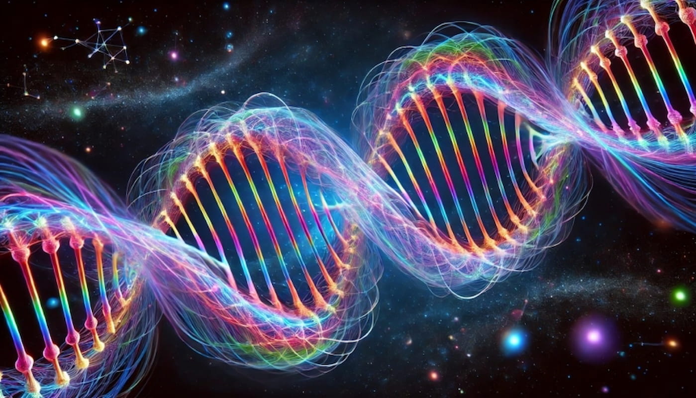 Artistic representation of the double helix mimicking a DNA strand as a representation of two virtual photons intertwined to form a virtual graviton in the theoretical framework of “colored gravity”.