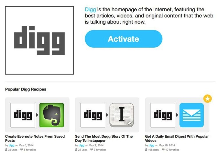 Digg Reader activa canal en IFTTT 