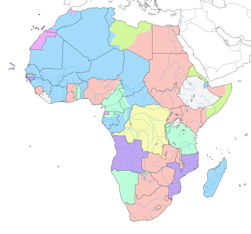 Colonial Africa. The strip between Angola and Mozambique (both in purple) was the one that Portugal had to give up.