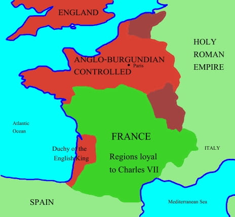 Hundred Years' War: in red, territories conquered by Henry V of England after the Battle of Azincourt.