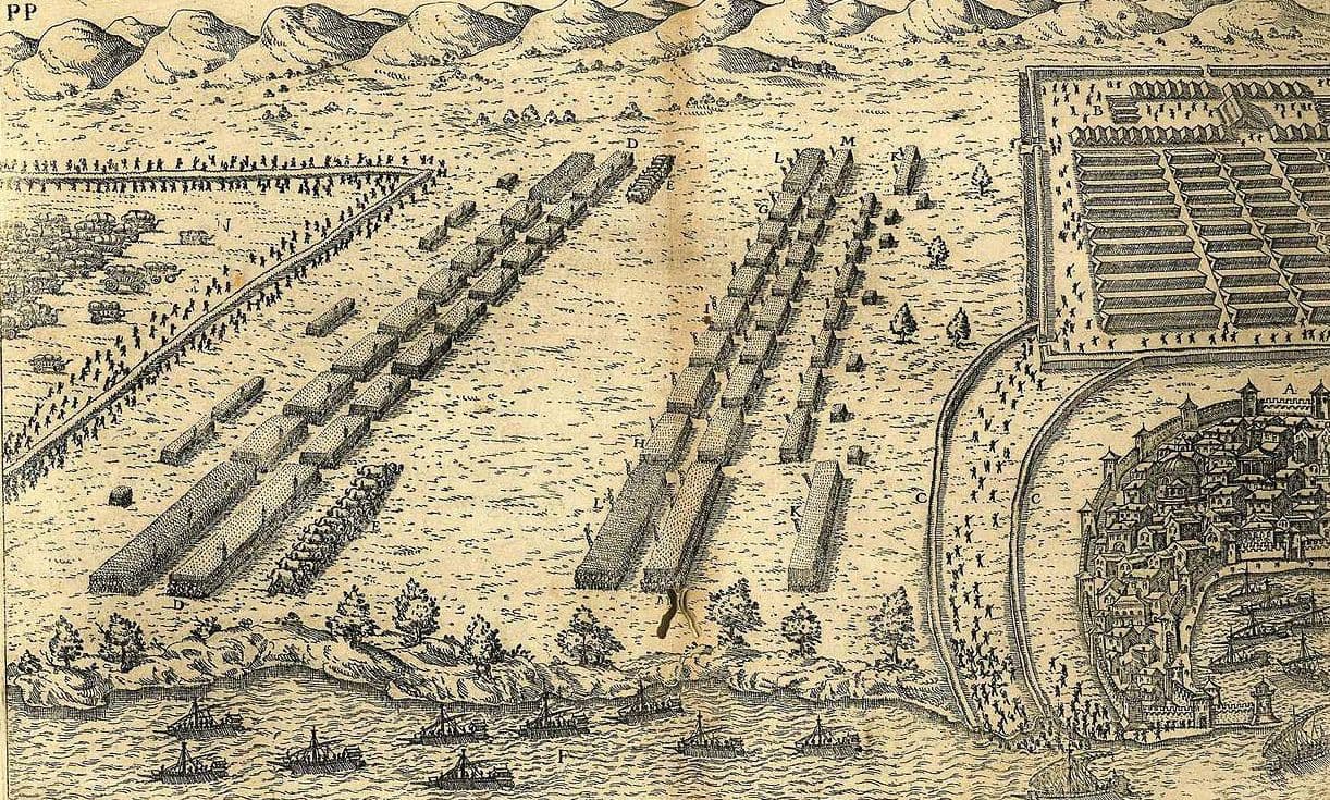 Arrangement of forces at the Battle of Thapsus in a 17th-century work. Pompey’s elephants are seen on the left, in front of their lines