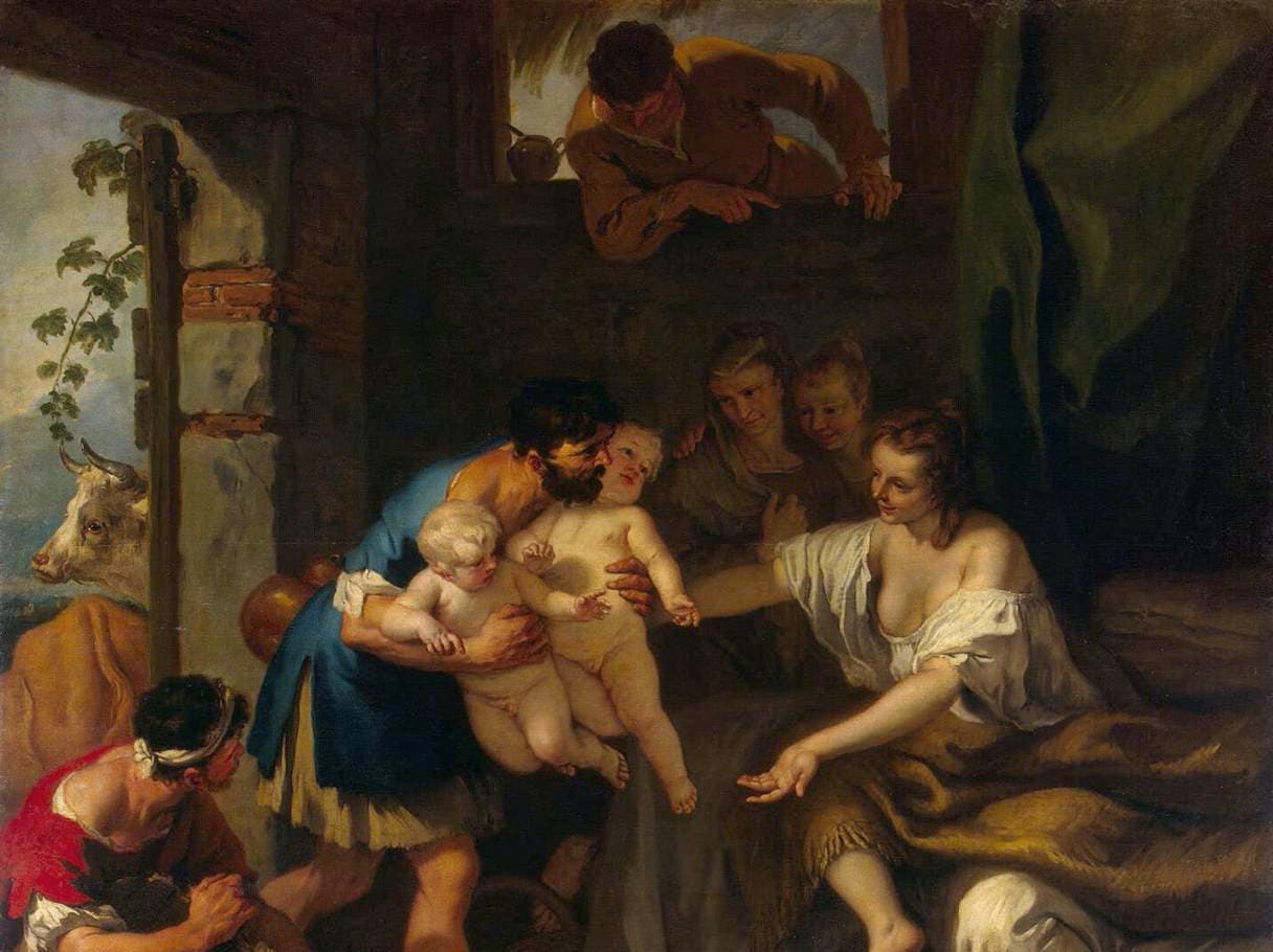 Faústulo entregando a Rómulo y Remo a Aca Larentia, cuadro de Sebastiano Ricci (c.1708)