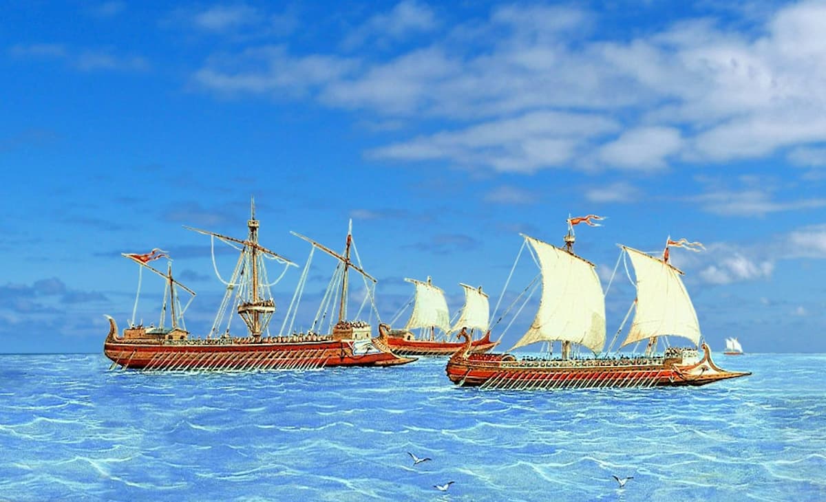 Three dromons, typical Byzantine boats, sailing and rowing, by Rafael Monleón.