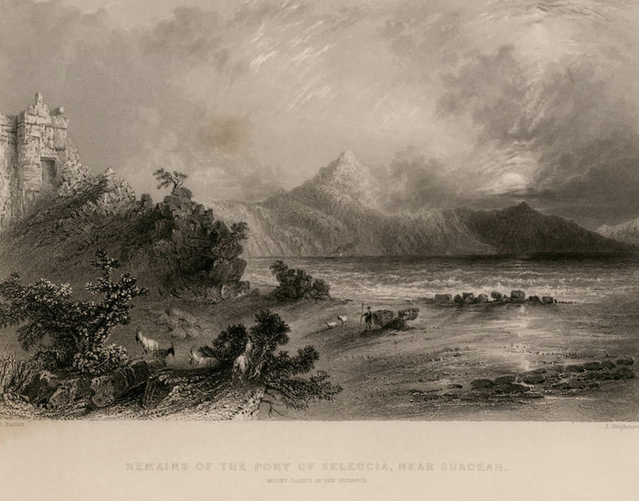 Remains of the port of Seleucia, with Mount Casius in the background, illustration by John Carne (1836)