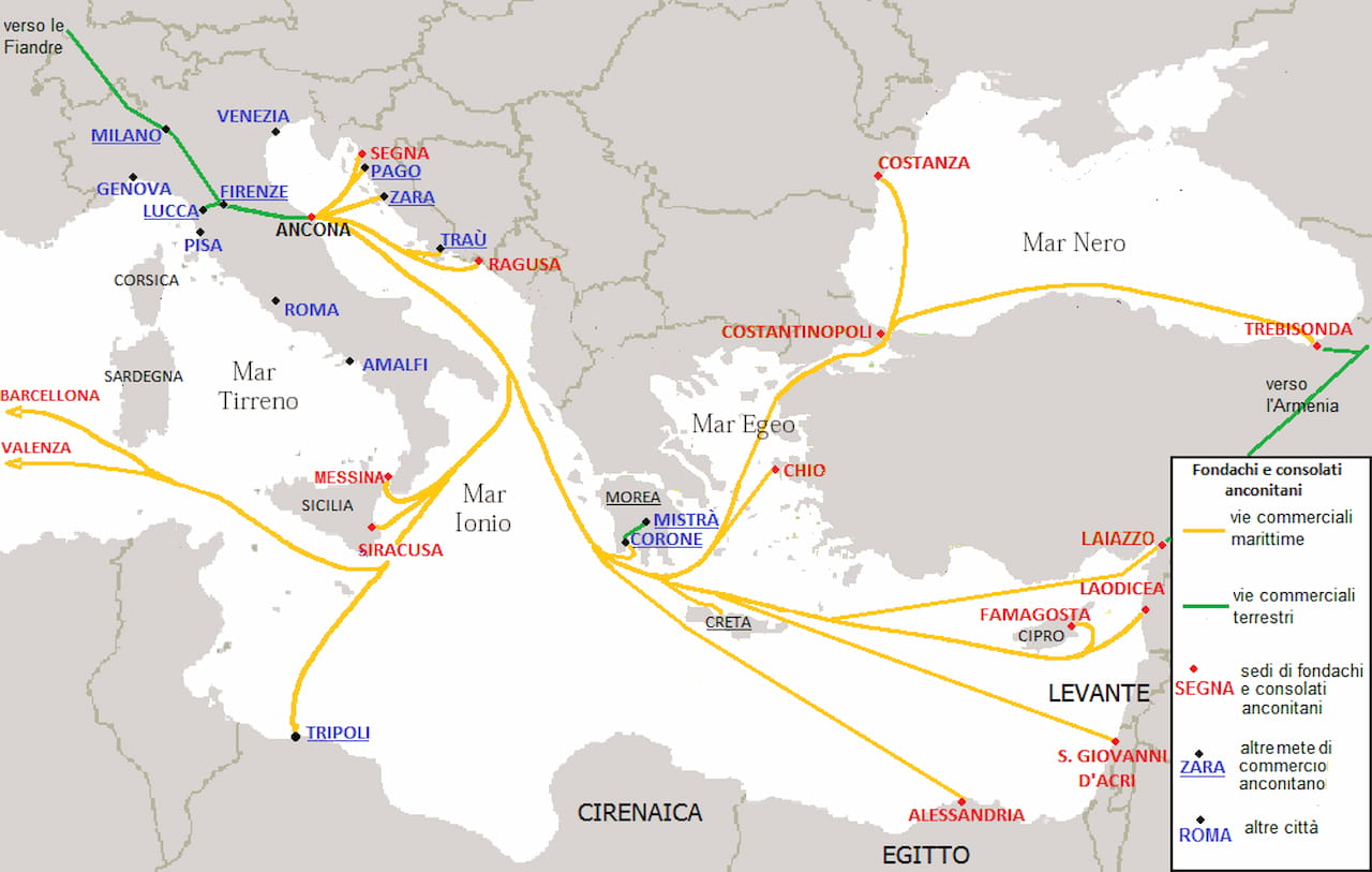 Rutas comerciales terrestres y marinas de la República de Ancona junto con sus consulados y almacenes en el exterior