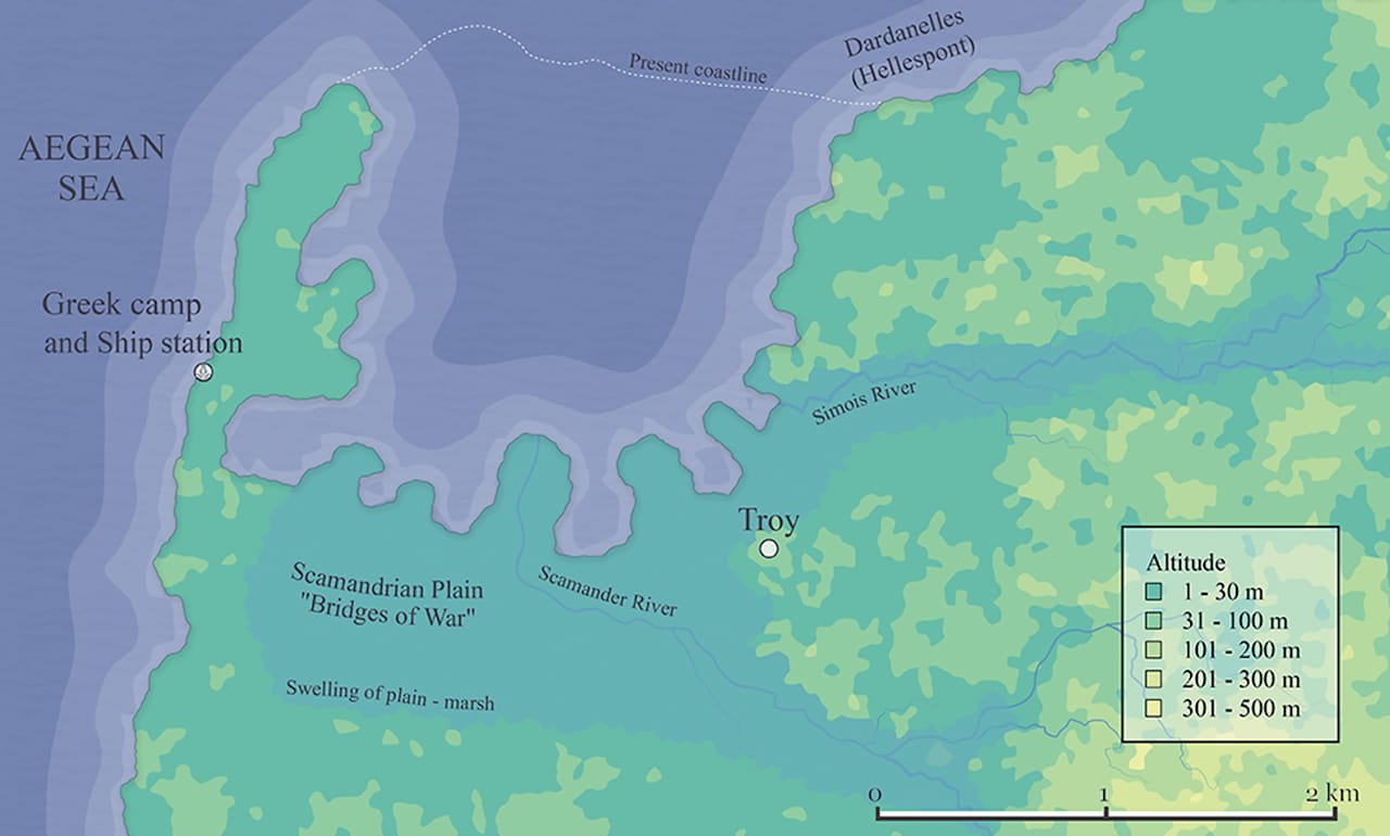 Geomorphology of the area around Troy in the late Late Bronze Age (labels indicate the location of the two army camps and the geographical features of the area).