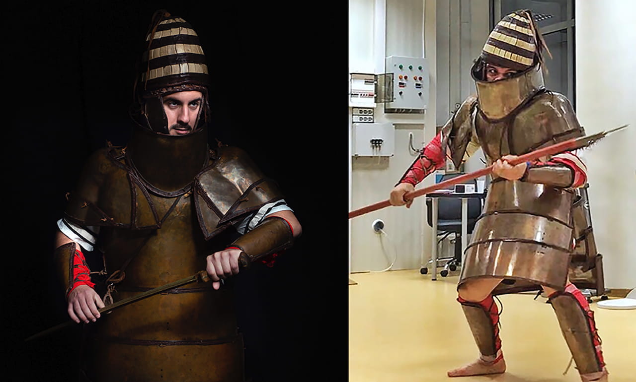 Volunteer Marine Corps soldiers in simulated combat with replica Dendra armor during empirical study (right) and an artistic photo session (left).