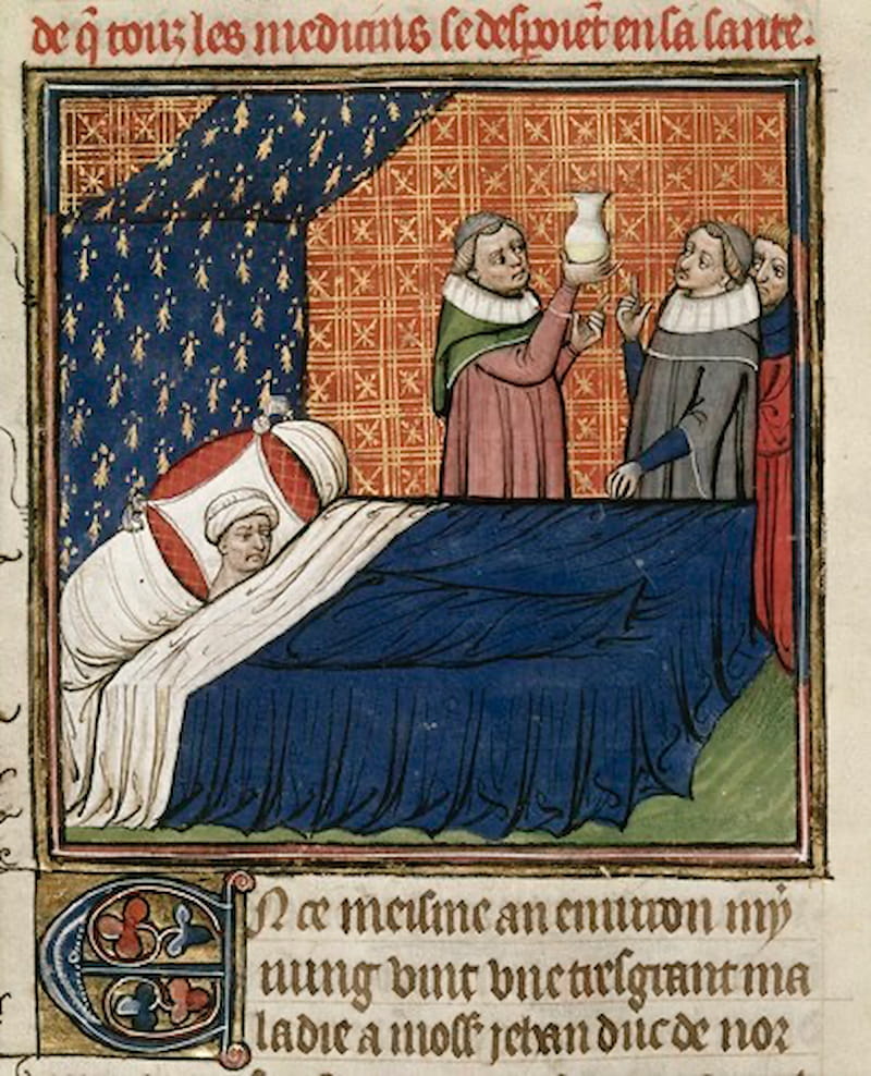 Miniature illustration from Chroniques de France ou de St Denis. It shows the duke of Normandy sick, perhaps, of English sweat before this disease was known