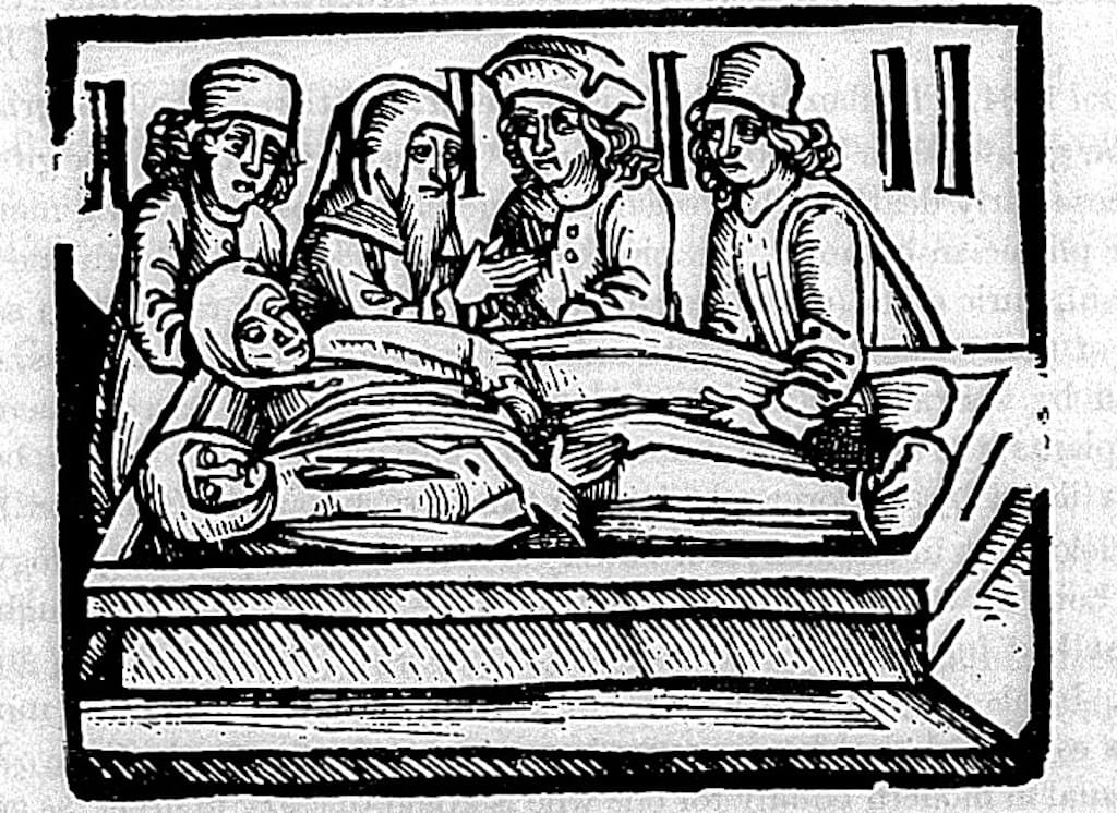 Preparing the deceased caused by the English sweat. Engraving from an edition of the work by Euricius Cordus made in Strasbourg in 1529