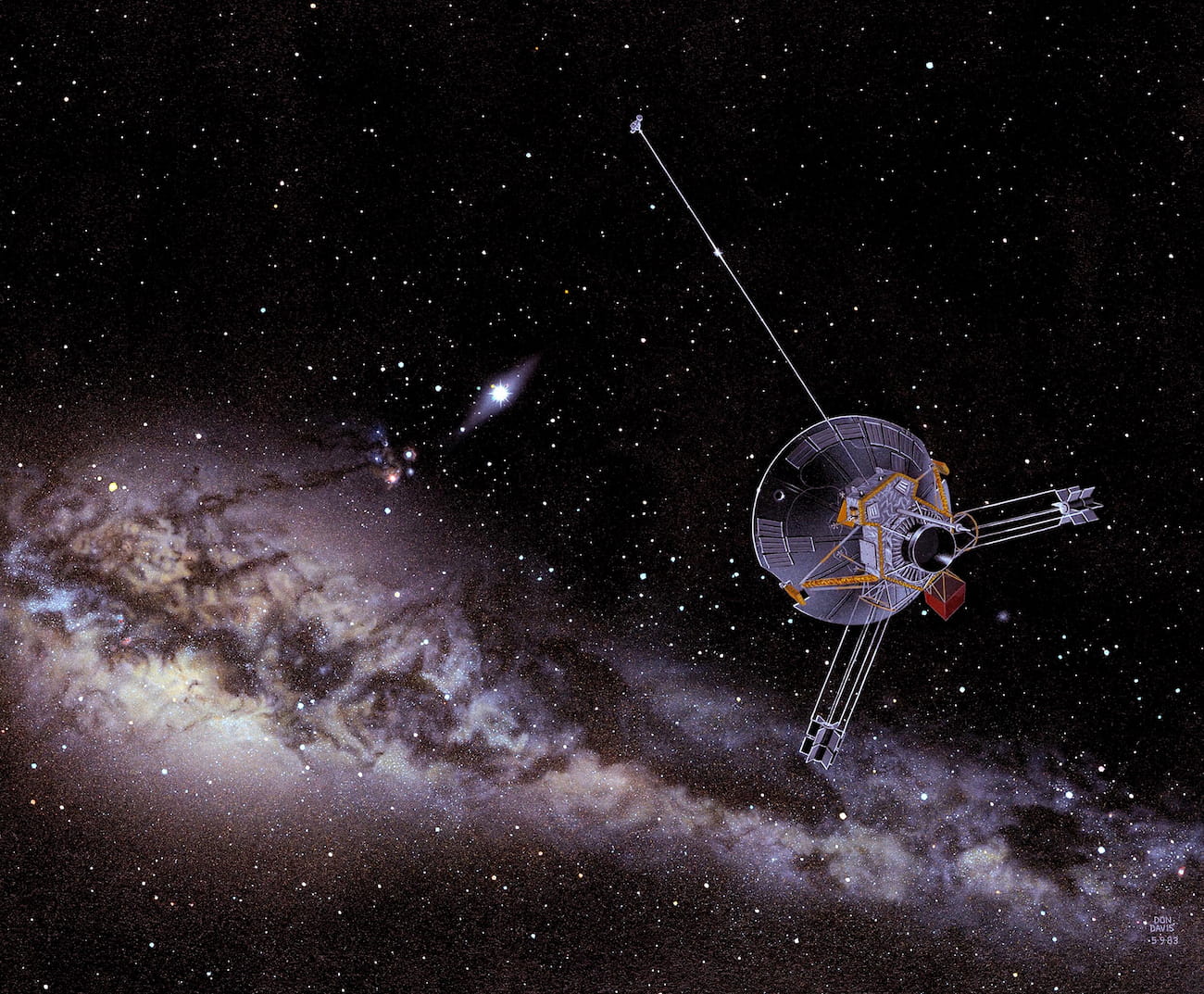 Impresión artística de la Pioneer 10 abandonando el Sistema Solar