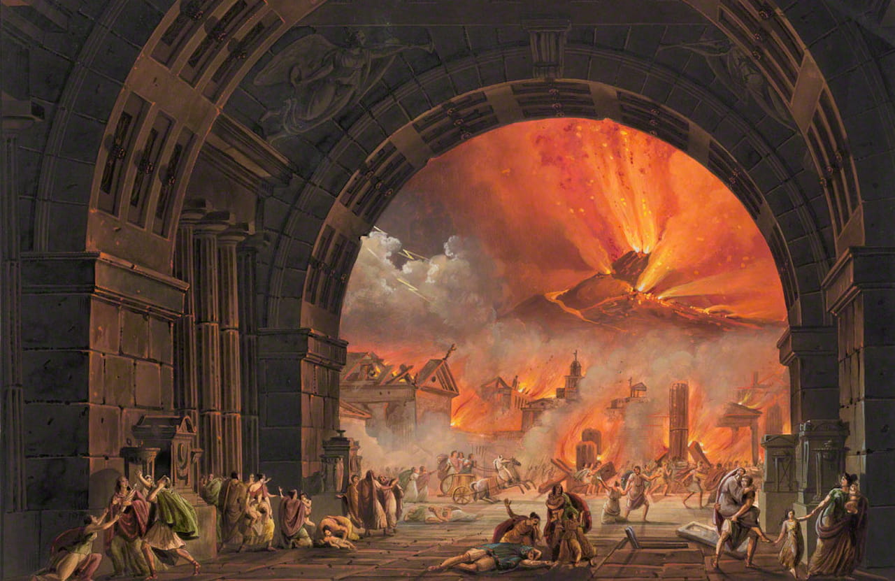 Escenografía de Alessandro Sanquirico que representa la erupción del Vesubio, escena crucial de la ópera de Giovanni Pacini, L'ultimo giorno di Pompei, representada en el Teatro San Carlo de Nápoles en 1825.