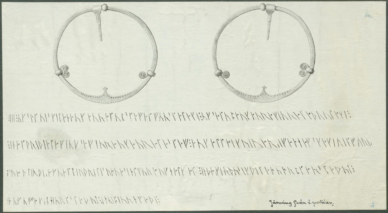 Dibujo a tinta antigua del anillo de Forsa y su inscripción