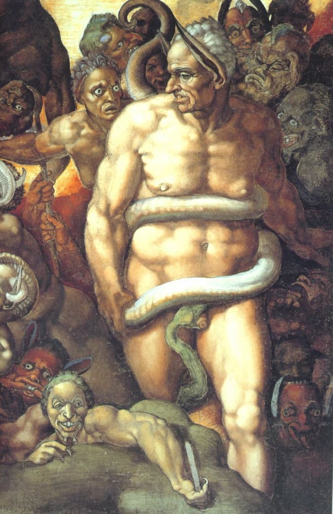 Biagio da Cesena portrayed as King Minos, with donkey's ears, surrounded by demons and a snake biting his parts.