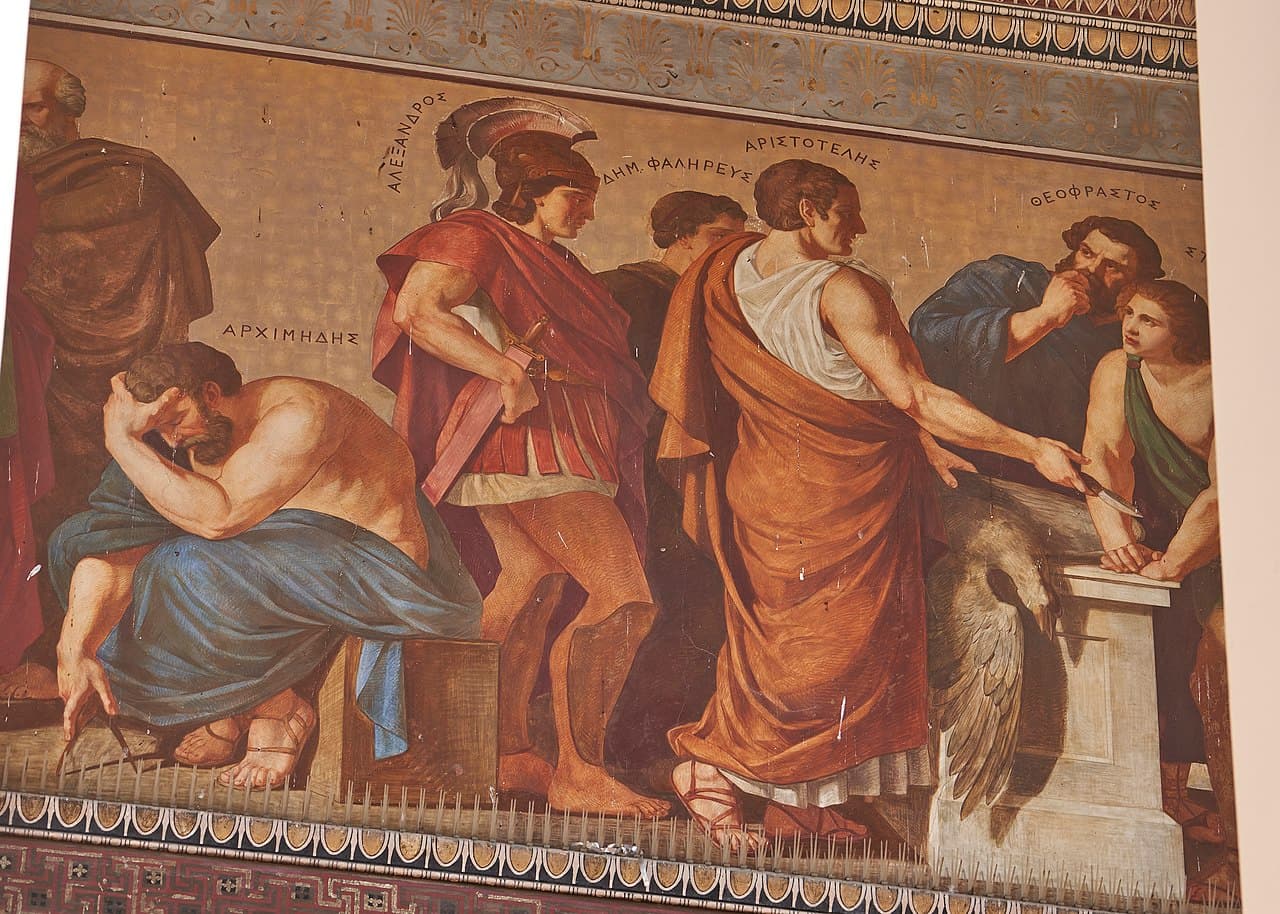 Mural na Universidade de Atenas retratando, da esquerda para a direita: Arquimedes, Alexandre, Demétrio, Aristóteles, Teofrasto e Estratão.